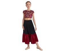 iiniim Girls Flamenco Performance Costume Floral Lace Crop Tops with Ruffled Skirts 2 Pcs Spanish Dancing Dress Outfits Burgundy 11-12 Years