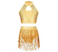 iiniim Girls Kids Mock Neck Tassel Leotard Ballet Fringe Latin Dance Dress Ballroom Performance Costume Yellow 9-10 Years