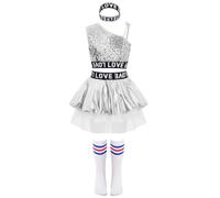 iiniim Girls Kids Sequins Dance Outfits Jazz Hip Hop Latin Disco Dance Vest Tank Top with Skirt Headband Striped Stocks Silver 5-6 Years