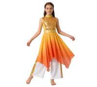 iiniim Girls Praise Dance Outfits Sparkly Sequins Sleeveless Liturgical Worship Dress Tunic with Wide Leg Pants Set Gold 11-12 Years