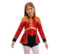 iiniim Girls Ringmaster Circus Magician Drummer Dress Fringe Epaulet Sequins Leotards Bodysuit Performance Costume Red 9-10 Years