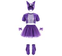 iiniim Girls School Show Animal Costume Kitty Costume Purple 11-12 Years | Halloween Cosplay,Cat 7 Pcs Sets,Stage Performance,Cat Headband,Tutu Skirts with Tail,Velvet Socks,Cartoon Roleplay