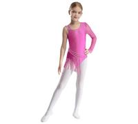 iiniim Gymnastic Leotards for Girls Single Shiny Mesh Asymmetric Fringed Tassel Bodysuit Latin Ballroom Dance Costume Hot Pink A 11-12 Years
