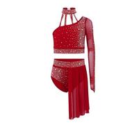 iiniim Kids Girls 2 Pieces Lyrical Dance Outfits One Shoulder Crop Top with Skirted Leotard Dress Contemporary Dancewear Burgundy 7-8 Years