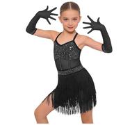 iiniim Kids Girls 3 Pcs Latin Dance Costume Sequins Fringe Ballroom Skirt Bodysuit with Gloves for Salsa Cha Cha Samba