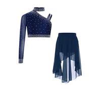 iiniim Kids Girls Ballet Dress Lyrical Dance Outfits One Sleeve Crop Top with Tulle Skirt Ballroom Waltz Tango Dancewear Navy Blue 13-14 Years