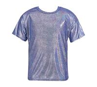 iiniim Kids Girls Boys Shiny Sequins Shirt Top Shot Sleeve Solid Color Loose T-Shirt for Jazz Modern Dance Performance Wear Blue A 5-6 Years
