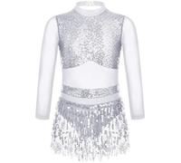 iiniim Kids Girls Sequins Tassel Latin Dance Costume Sleeveless Ballet Jazz Samba Rumba Dancewear White 9-10 Years
