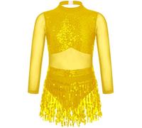 iiniim Kids Girls Sequins Tassel Latin Dance Costume Sleeveless Ballet Jazz Samba Rumba Dancewear Yellow 9-10 Years
