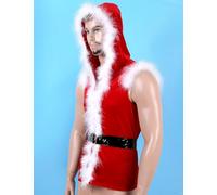 iiniim Man Disguise Father Christmas Suit Santa Tank Top Has Hood Shirt Vest with Belt Red Coat Winter M-XXL Red XXL