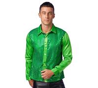 iiniim Mens 70s Shiny Sequins Button Down Shirt Long Sleeve Top Disco Dance Shirt Party Costumes Green L