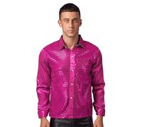 iiniim Mens 70s Shiny Sequins Button Down Shirt Long Sleeve Top Disco Dance Shirt Party Costumes Hot Pink M