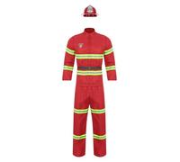 iiniim Mens Firefighter Costume Fireman Cosplay Outfits Reflective Strips Jacket Pants and Helmet Red L
