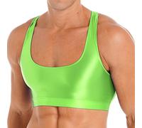 iiniim Men's Glossy Sleeveless Y Back Muscle Half Tank Top Vest Tee T-Shirts Crop Tops Sports Bras Fluorescent Green XL