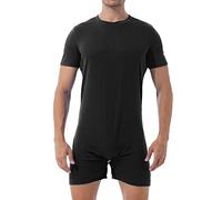 iiniim Mens One Piece Short Sleeve Front Zipper Boxer Shorts Leotard Bodysuit Catsuit 3# Black L
