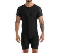 iiniim Mens One Piece Short Sleeve Front Zipper Boxer Shorts Leotard Bodysuit Catsuit Black S