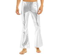 iiniim Mens Shiny Metallic 70's Vintage Disco Bell Bottom Flared Long Trousers Straight Slim Fit Pants Silver XX-Large