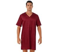 iiniim Mens Short Sleeve Nightshirt Sides Split Nightwear Loose Pajama Shirt Tops Comfy Sleepwear Burgundy 3XL