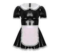 iiniim Mens Sissy Ruffle Lace Patent Leather Maid Cosplay Costume Leotard Bodysuit 3# Black C XXL