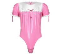 iiniim Mens Sissy Ruffle Lace Patent Leather Maid Cosplay Costume Leotard Bodysuit Hot Pink A XL