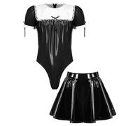 iiniim Mens Sissy Ruffle Lace Patent Leather Maid Cosplay Costume Leotard Bodysuit Skirt Black B XXL