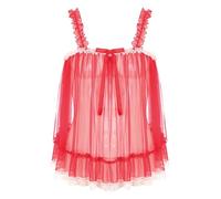 iiniim Men's Smooth Silky Satin Deep V Neck Underwear Lace Trim Cross Dresser Crop Top Red A XXL