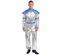 iiniim Mens Space Alien Costume Metallic Shiny Jumpsuit Astronaut Space Suit for Halloween Party Silver XXL