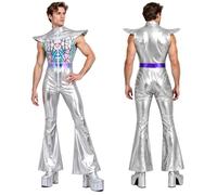 iiniim Retro 70s 80s Disco Costume Cowboy Costume for Men | 70s Disco Party Jumpsuit,Zipper Front,Cosplay,Zip High Collar,Wide Leg Bodysuit,Shiny Metallic,Western Cowboy Jumpsuit
