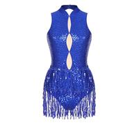 iiniim Shiny Sequin Leotards for Women One Piece Tassel Fringe Bodysuit Ballroom Latin Jazz Dance Costume 5_Royal Blue L