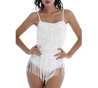 iiniim Shiny Sequin Leotards for Women One Piece Tassel Fringe Bodysuit Ballroom Latin Jazz Dance Costume White Rhinestone XL