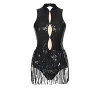 iiniim Shiny Sequin Leotards for Women One Piece Tassel Fringe Bodysuit Ballroom Latin Jazz Dance Costume 5_Black XL