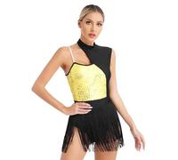 iiniim Shiny Sequin Tassel Leotards for Women One Piece Fringe Bodysuit Sleeveless Latin Jazz Dance Costume Gold XXL