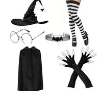 iiniim Witch Costumes for Women, Witches Hat Glasses Gloves Stockings Cape and Necklace Sets for Halloween Cosplay Black A One Size