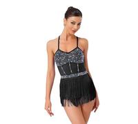 iiniim Women Latin Dance Costume Sleeveless Rhinestone Fringe Samba Rumba Tango Party Dance Bodysuit Top