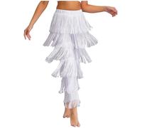 iiniim Women Latin Dance Pants Tassels Fringe Ballroom Tango Salsa Elastic Waist Practice Performance Trousers White 3XL
