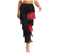 iiniim Women Latin Dance Pants Tassels Fringe Ballroom Tango Salsa Elastic Waist Practice Performance Trousers Black&Red 3XL