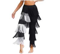 iiniim Women Latin Dance Pants Tassels Fringe Ballroom Tango Salsa Elastic Waist Practice Performance Trousers Black&White S
