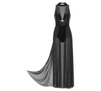 iiniim Women Lyrical Dance Dress Modern Ballet Costume Sequins Sleeveless Mesh Tulle Maxi Dress Chiffon Dancewear Black