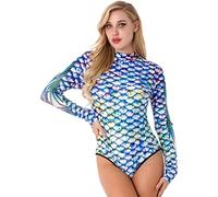 iiniim Women One Piece Long Sleeve Mermaid Scale Sun Protection Swimsuit Rash Guard Swimwear Green L/XL