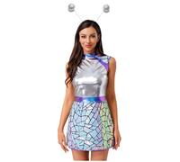 iiniim Womens 2 Piece Alien Costume Sleeveless Mini Dress with Headwear Space Cadet Cosplay Outfits Silver L