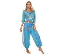 iiniim Women's Belly Dance Outfit Performance Bollywood Indian Dancing Costume Crop Top+Bloomers+Hip Scarf Sky Blue One Size