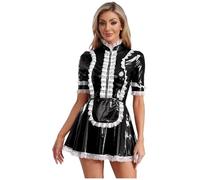 iiniim Women's French Maid Outfit Dress Costume PVC Leather Wet Look Halloween Cosplay Fancy Dress Black XXL
