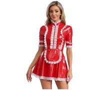 iiniim Women's French Maid Outfit Dress Costume PVC Leather Wet Look Halloween Cosplay Fancy Dress Red L