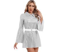 iiniim Women's Funky Dancing Fox 70's Disco Costume Sequins Flare Sleeve Mini Dress Clubwear Silver XXL