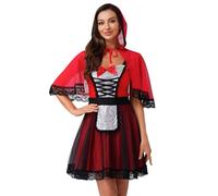 iiniim Women's Ghost Bride Costume Lace Trim Sequined Layered A-line Dress with Hooded Cloak Red XL