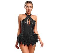 iiniim Women's Glittery Sequins Feather Dance Costume Carnival Outfits Disco Birthday Dance Leotard Black M