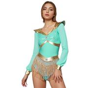 iiniim Women's Halloween Arabian Princess Costume Metallic Trim Long Sleeve Fringe Bodysuits Light Green XXL