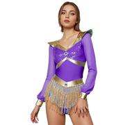 iiniim Women's Halloween Arabian Princess Costume Metallic Trim Long Sleeve Fringe Bodysuits Purple M