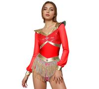 iiniim Women's Halloween Arabian Princess Costume Metallic Trim Long Sleeve Fringe Bodysuits Red XL