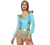 iiniim Women's Halloween Arabian Princess Costume Metallic Trim Long Sleeve Fringe Bodysuits Turquoise XL